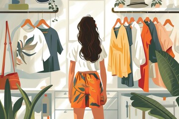 Woman Choosing Outfit in Stylish Walk-In Closet - obrazy, fototapety, plakaty