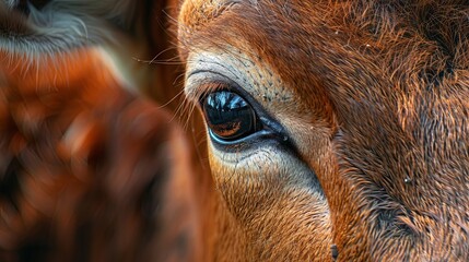 Close-up view of a brown cow's eye and textured fur - Powered by Adobe