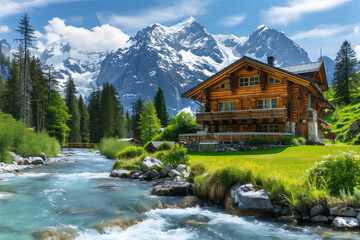 European style wooden house, next to the river, icy rock mountain background, beautiful meadow
