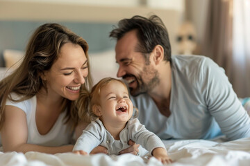Obraz premium Smiling father and mother laughing and playing with their daughter
