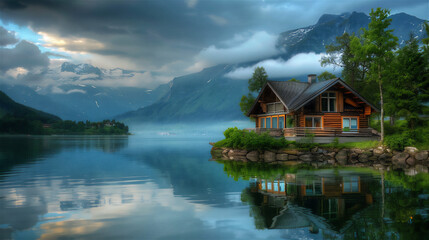 Fototapeta premium Wooden house, next to the lake, dramatic sky, very beautiful and cool views