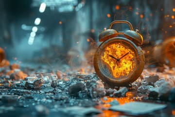 An old alarm clock melting and burning on the ground, broken glass pieces scattered around it, cinematic lighting, bokeh effect, dust particles in the air, an abandoned factory background.