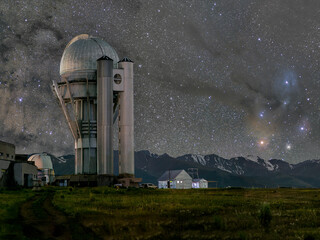 Assy-Turgen Observatory in Kazakhstan at night against the backdrop of the center of the galaxy and...