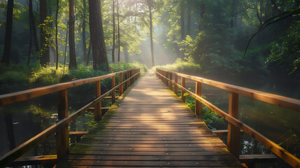 wooden bridge in the middle of the forest from left to right, over a calm river, in the middle of a beautiful forest, morning sunlight - Powered by Adobe