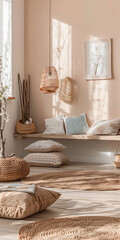 Zen minimalist interiors with natural elements and soft textures.