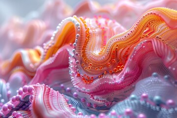 Obraz premium A closeup of an intricate, wavy fabric with vibrant pink and orange hues, adorned with delicate beads that create a textured pattern. 