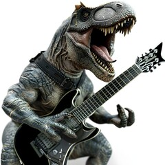 Dinosaur Playing Guitar on white background Generative Ai
