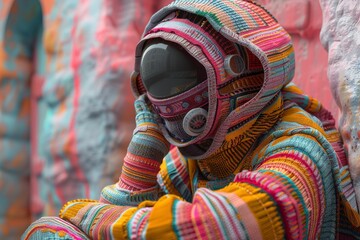 Close up photo of an astronaut in a colorful knitted sweater with a hood and helmet, sitting on a wall covered in the style of pastel colored fabric pattern.