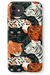 Fototapeta premium The close-up pattern features the faces of various wild cats, including lions, tigers, and leopards