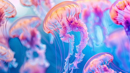 Vibrant jellyfish colony drifting in a serene blue sea