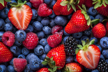 Fototapeta premium A closeup of various berries, including strawberries and blueberries, arranged in an aesthetically pleasing pattern.