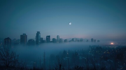 A serene, evening shot of a foggy, urban skyline with the moon rising above the city.