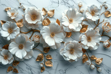 3D background, white marble with gold veins and white flowers. Created with Ai