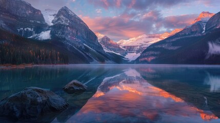 A serene, crystal-clear lake reflecting the surrounding snow-capped mountains at sunrise. - Powered by Adobe