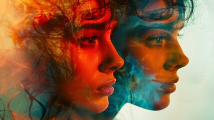 Emotional Complexity: Double Exposure of Couple with Colorful Sad Face Overlay, Artistic Photography