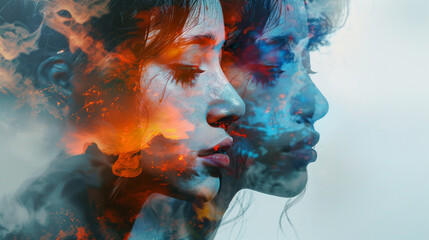 Emotional Complexity: Double Exposure of Couple with Colorful Sad Face Overlay, Artistic Photography
