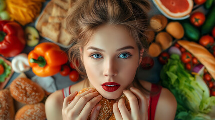 The womans lips part in anticipation as she takes a bite of a hamburger, with fruits and vegetables surrounding her. Her eyes widen with delight at the mix of natural foods like oranges and plants - obrazy, fototapety, plakaty