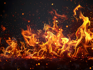 Nighttime blaze: Fiery inferno illuminates the darkness, casting warm orange hues against the black backdrop. Fiery Flames Background.
