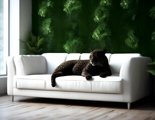 A black spotted panther licks on a white sofa and a green background