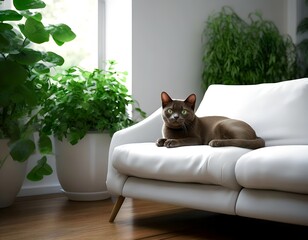 A cat of the European Burmese breed, dark chocolate color, lies on a white sofa near the window, next to pots of herbs