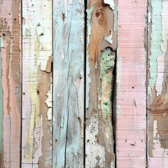Shabby chic painted wooden fence planks in pastel colors.