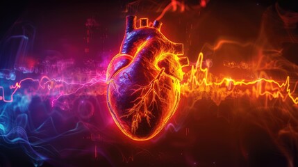 The illustration of a glowing heart created with vibrant colors and intricate details, representing the fusion of art and technology in the field of cardiology.