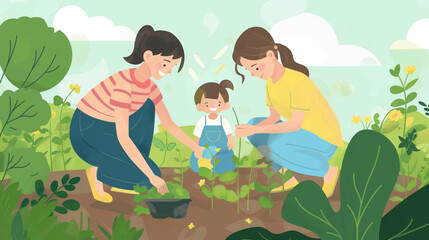 Three people in nature, wearing tshirts, happily planting plants in a garden. They are sharing their love for art and organisms while enjoying the green grass surroundings - obrazy, fototapety, plakaty