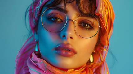 Stylish Gen-Z Arabic woman in neon retro vaporwave fashion, Sony portrait capturing her beauty and fashion-forward style. Photography, vibrant colors, retro aesthetic