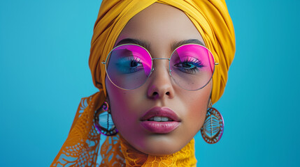 Stylish Gen-Z Arabic woman in neon retro vaporwave fashion, Sony portrait capturing her beauty and fashion-forward style. Photography, vibrant colors, retro aesthetic