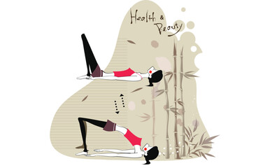 Vector seamless pattern in line art style of woman doing yoga. Set of yoga poses with decorative design elements. Cute trend color background. Pattern for yoga studio, textile. Girl in a yoga pose