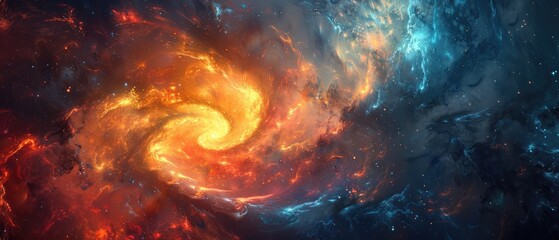 Fototapeta premium The image is an abstract painting of a galaxy. It has a bright center of swirling orange and yellow, surrounded by a dark blue background with bright blue and white flecks.