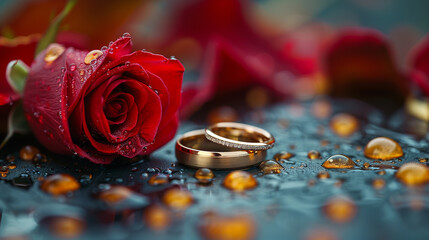 Symbolic Love: Rings and Vibrant Red Rose, Photography Emphasizing Commitment