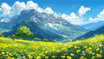 Mountain landscape with color flowers