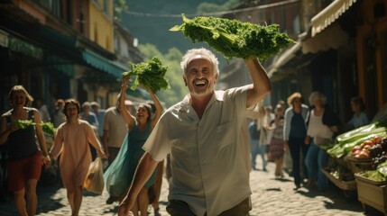 Obraz premium Middle aged vendor at eco friendly market sustainable produce sales in joyful setting