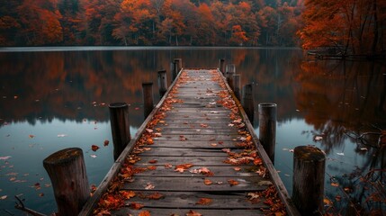 A rustic wooden dock extending into a calm lake surrounded by autumn foliage.