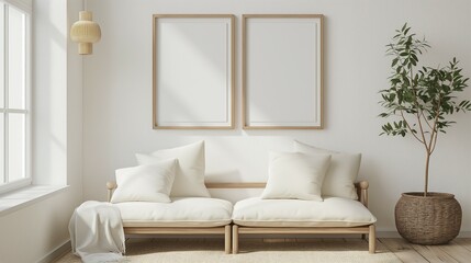 Frame mockup. White wall home room interior background with cozy chair, 3d render,
