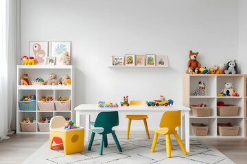 Table with chairs, shelves and toys near white wall in playroom. Stylish kindergarten interior