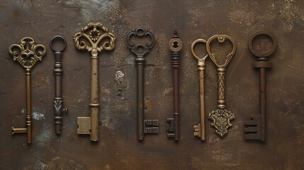 a row of antique keys on textured background