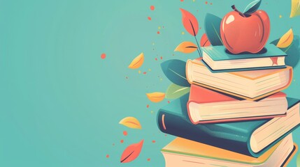 A stack of books with an apple on top. The books are decorated with colorful leaves. The background is a pale blue color.