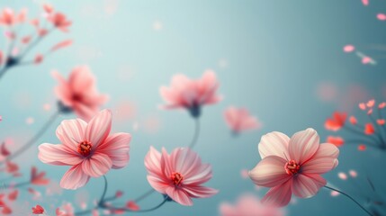 Several pink flowers are arranged on a vibrant blue background in a modern abstract artwork
