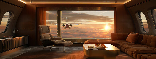 an airplane by the window at sunset