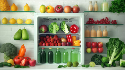 A refrigerator packed with an abundance of fresh fruits and vegetables, essential for creating healthy and delicious recipes using natural, whole food ingredients - obrazy, fototapety, plakaty