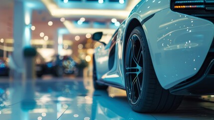 A white sports car displayed in a modern showroom setting