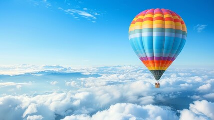 Naklejka premium A hot air balloon flying high above fluffy white clouds in the sky