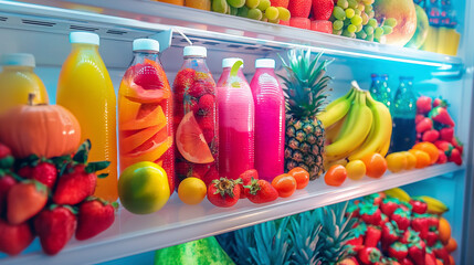 A refrigerator stocked with an assortment of fruits and juices, including oranges, represents a vibrant display of natural foods and refreshing products - obrazy, fototapety, plakaty