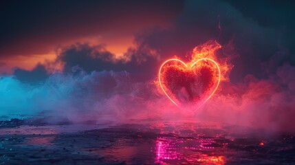 The image shows a heart-shaped fire in the middle of a stormy sea. The fire is surrounded by dark clouds and the sea is rough. The image