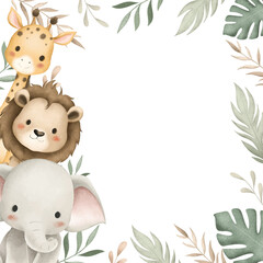 Watercolor Illustration Safari Animals and Tropical Leaves Border © Stella