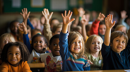 Multi-ethnic children raising hands in classroom.