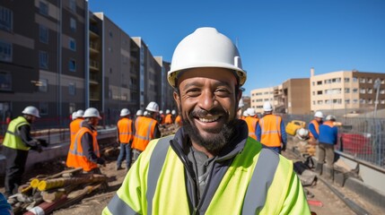 Happy civil engineer in safety gear smiling at construction site with heavy machinery on sunny day - Powered by Adobe