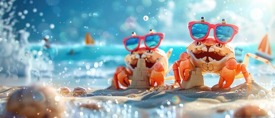 Two funny crabs wearing sunglasses are chilling on the beach.